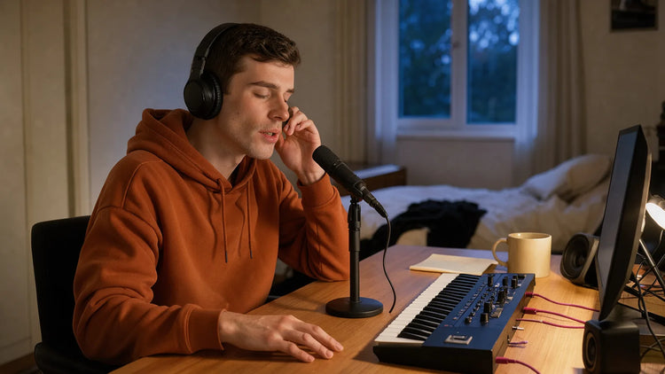 One singer wearing headphones at a bedroom desk, eyes closed, soft daylight
