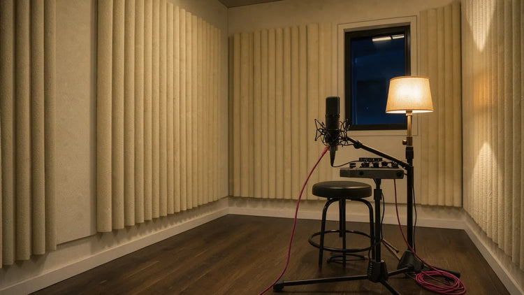 Empty home vocal booth lined with foam, a stool beside a condenser mic